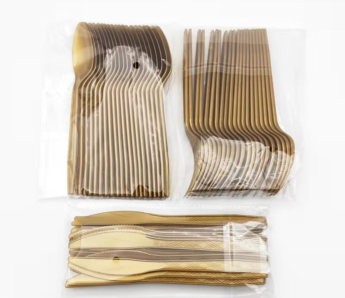 סכום זהב סט סכו"ם חד פעמי 60 חלקים צבע זהב – תמונה 1