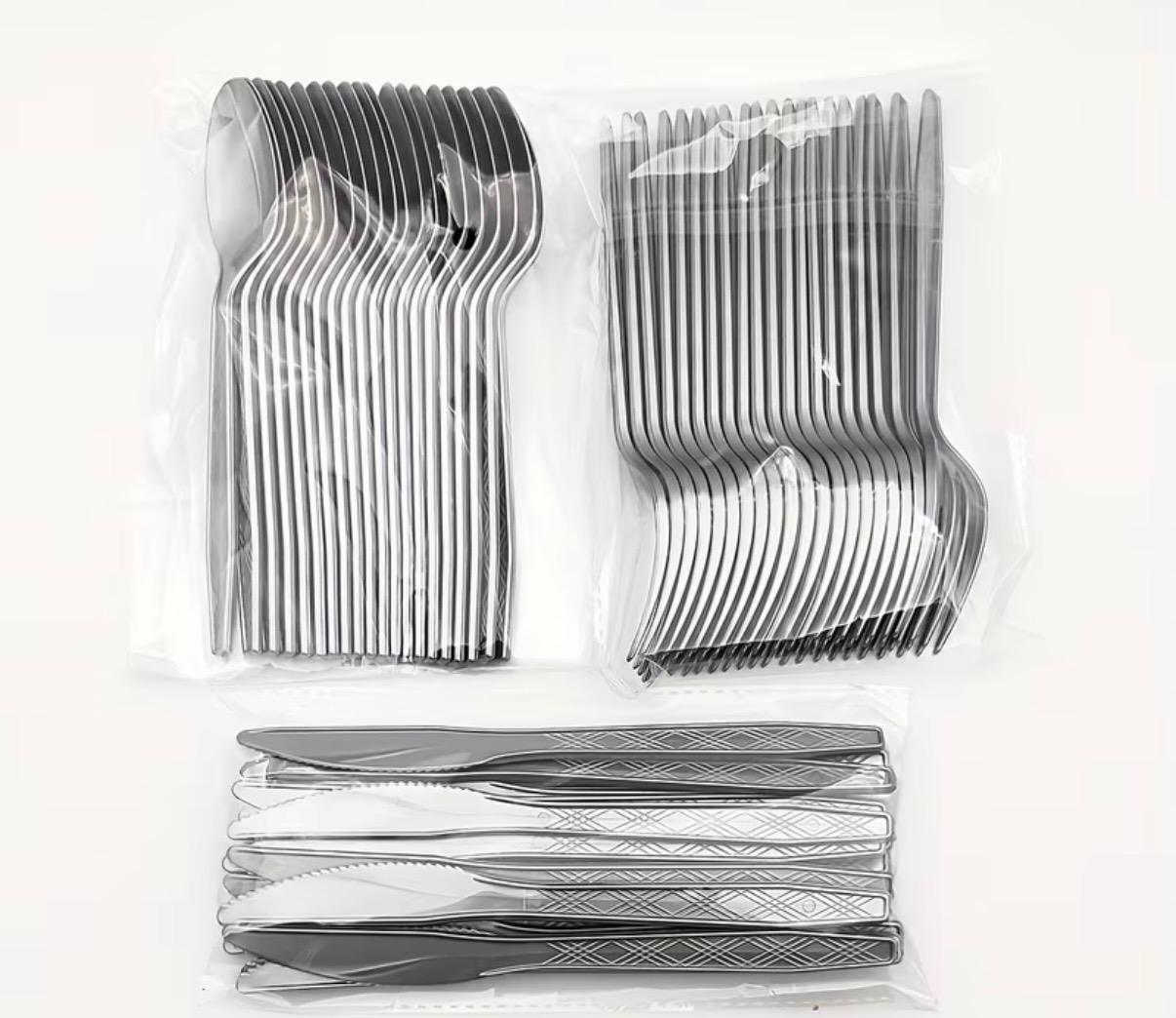 סכום כסף סט סכו"ם חד פעמי 60 חלקים צבע כסוף – תמונה 1