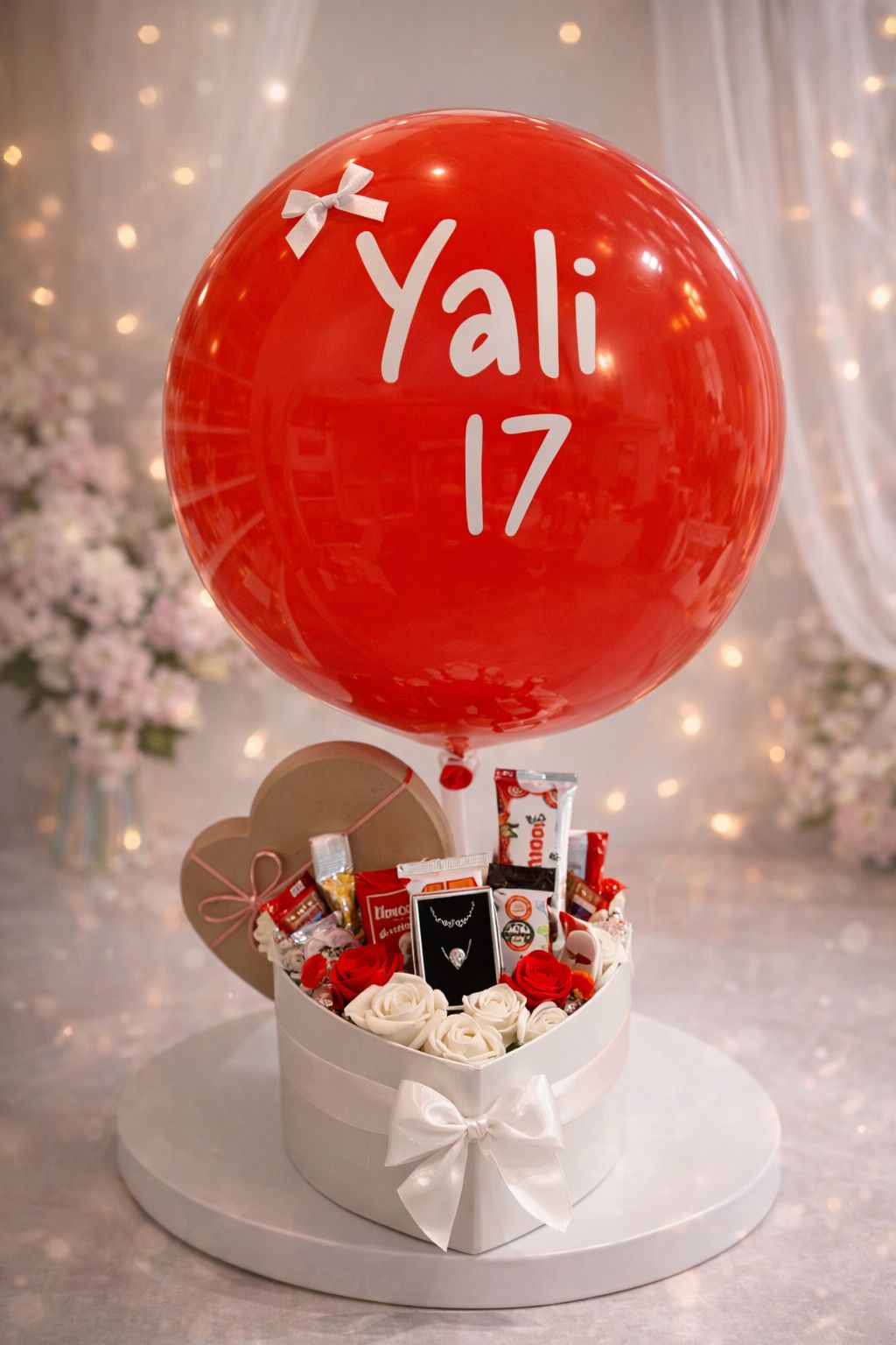 מארז בלון פורח אדום לבן מארז כדור פורח מתוק עם תכשיט כסף והקדשה אישית – תמונה 1
