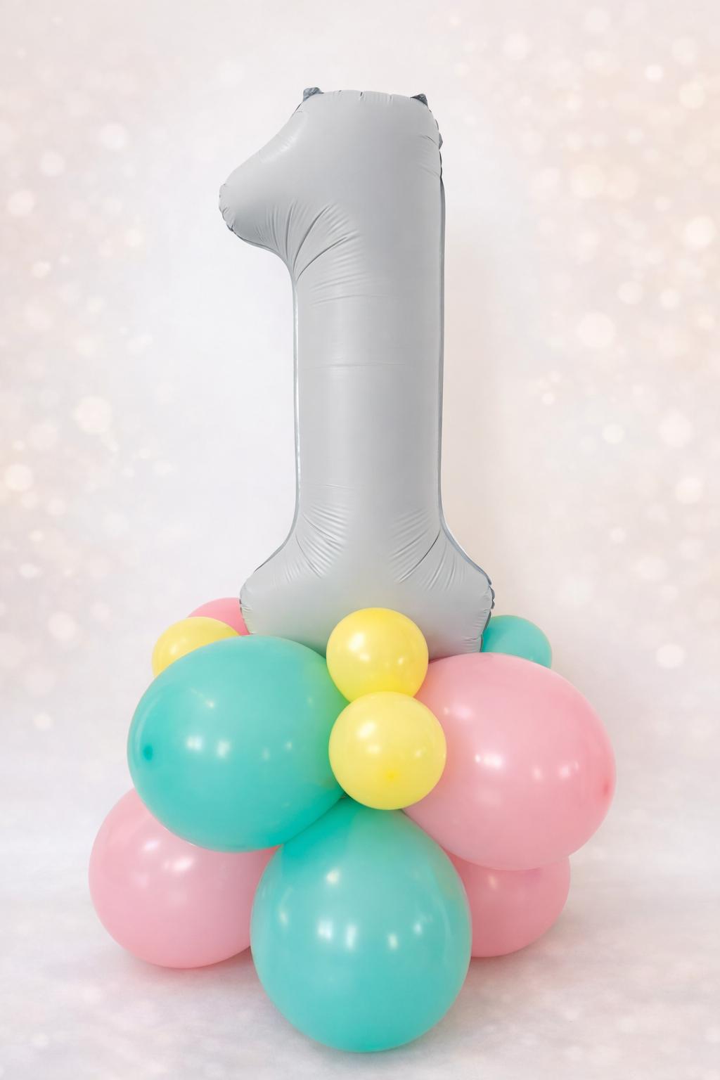 סטנד בלון 1 לב צבעוני סטנד בלון ספרה 1 מעוצב צבעי פסטל – תמונה 1