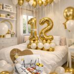 עיצוב חדר יום הולדת זהב-לבן כולל מארז ממותג